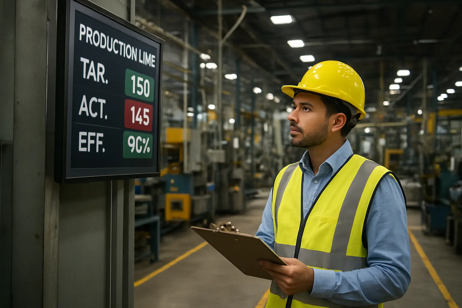 Estudiante de ingeniería industrial revisando indicadores de producción en una planta
