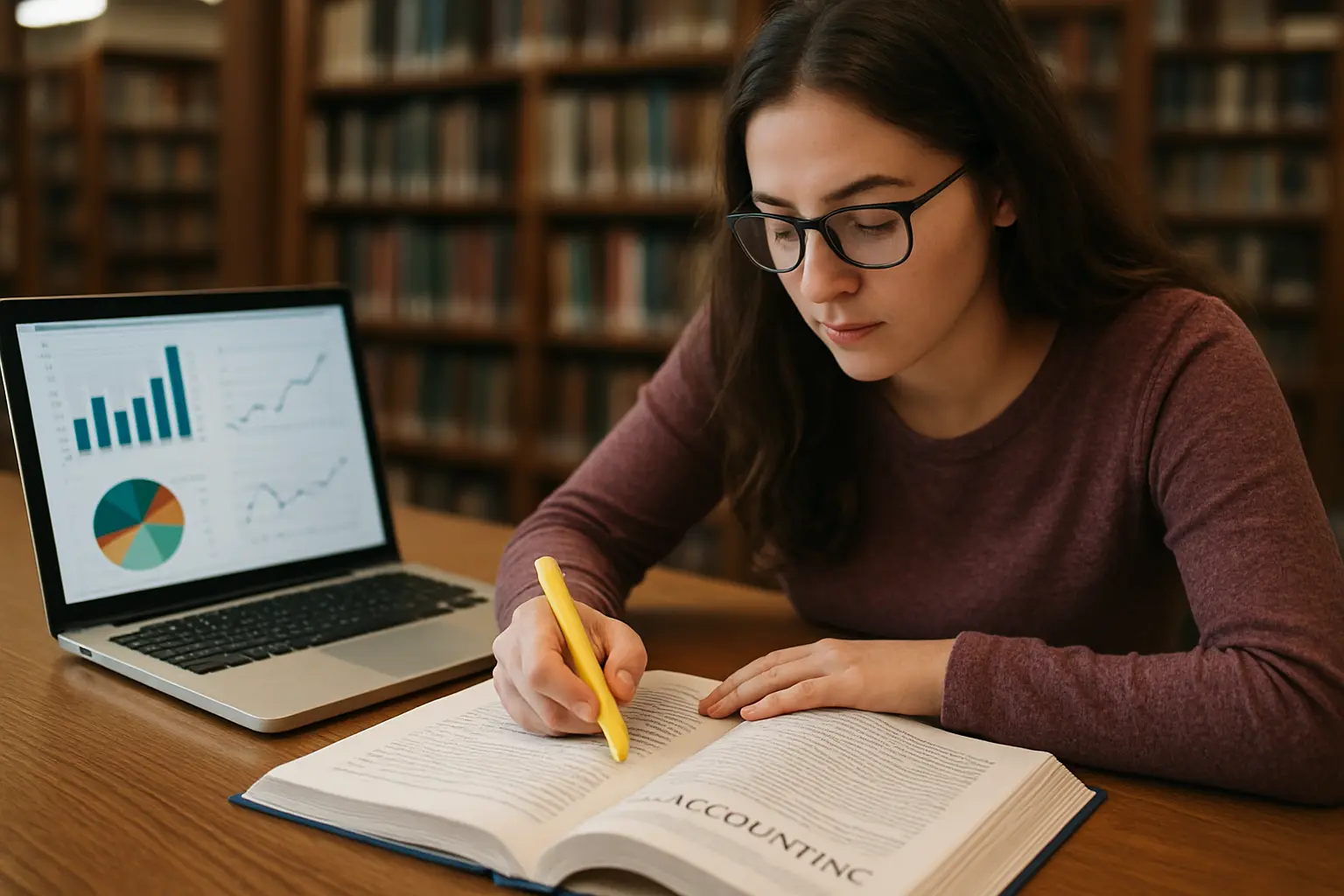Estudiante de contaduría subrayando un libro de teoría contable junto a una laptop