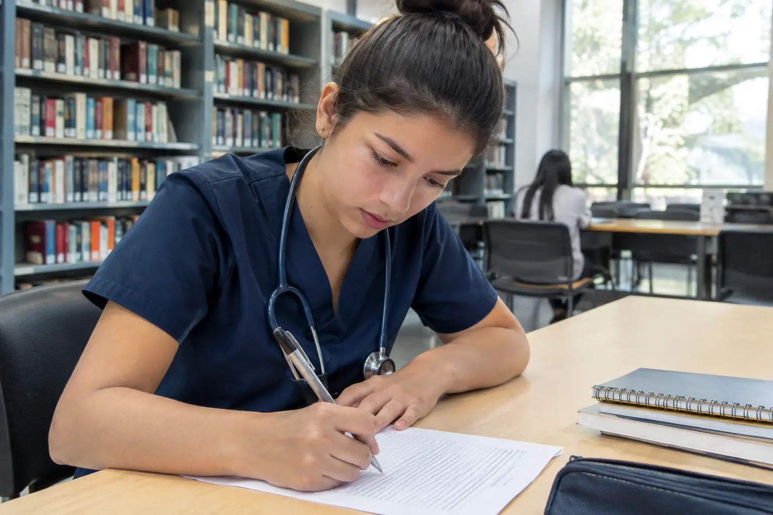 Estudiante de enfermería diligenciando un instrumento de investigación