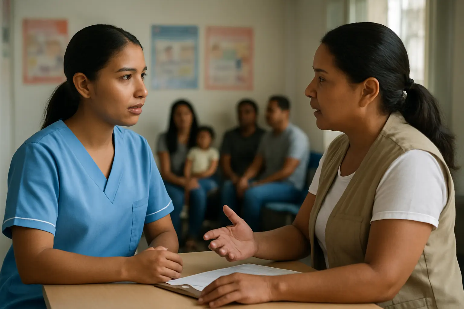 Estudiante de enfermería conversa con una trabajadora de salud comunitaria en la recepción de un centro de atención primaria