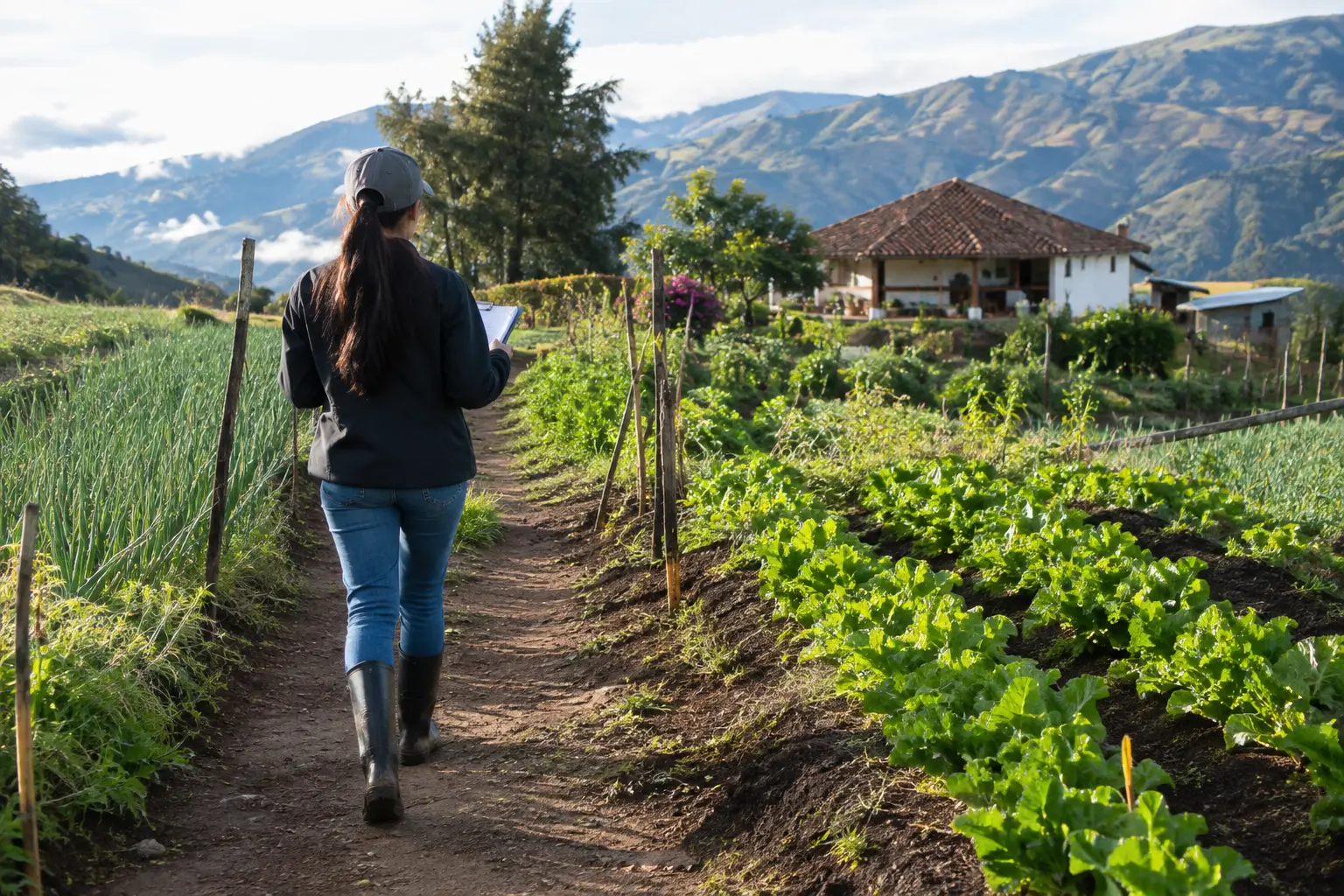 Estudiante de agronomía recorriendo predios rurales con una planilla de campo