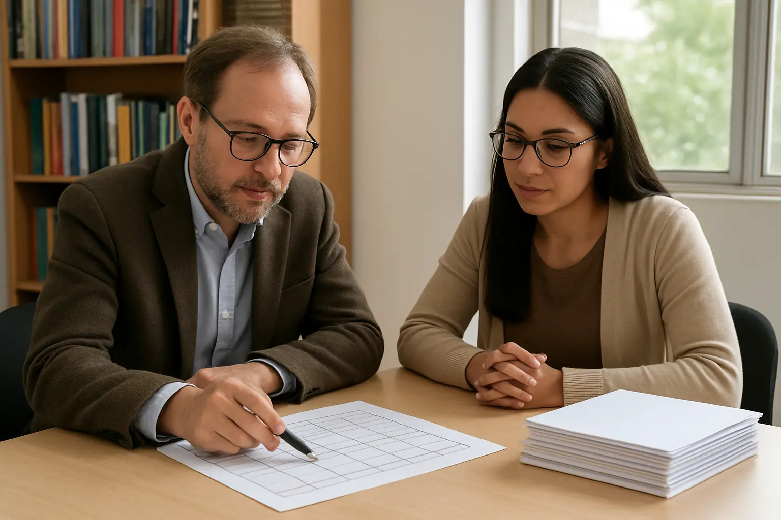 Dos docentes revisan una rúbrica de evaluación impresa junto a una pila de anteproyectos en una oficina universitaria
