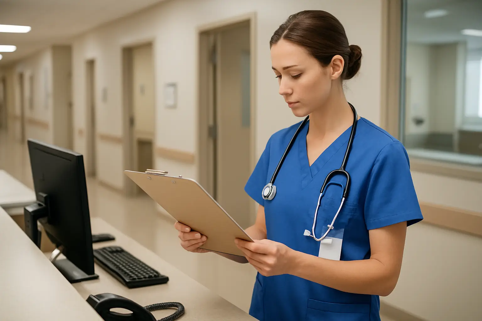 Enfermera revisando una historia clínica en un puesto de enfermería de un hospital