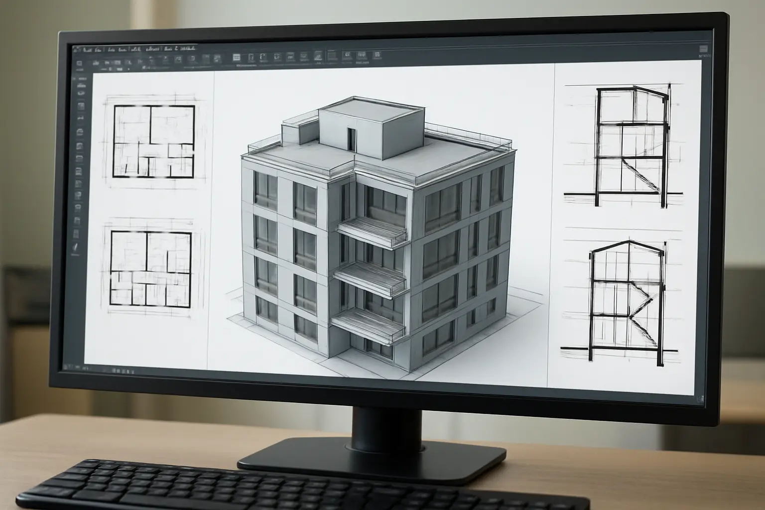 Modelo BIM de un edificio en Revit con planos y cortes generados automáticamente