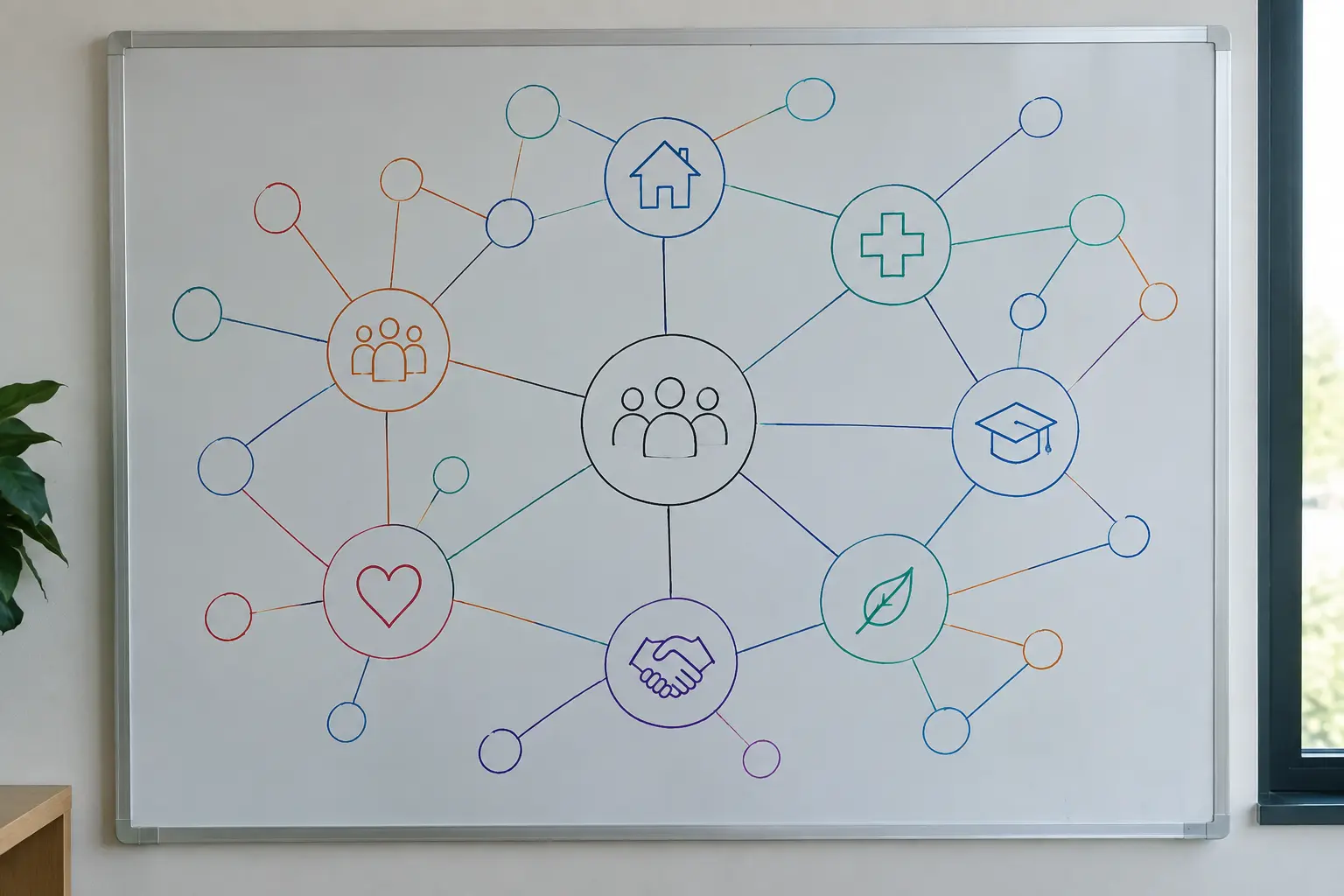 Diagrama de red dibujado a mano representando vínculos comunitarios