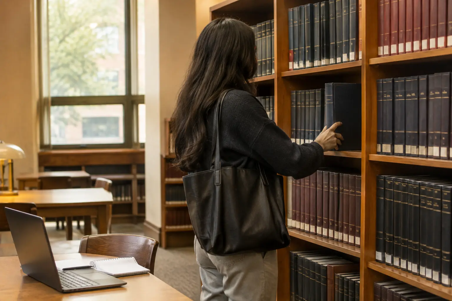 Estudiante de derecho consultando volúmenes de revistas jurídicas en la biblioteca