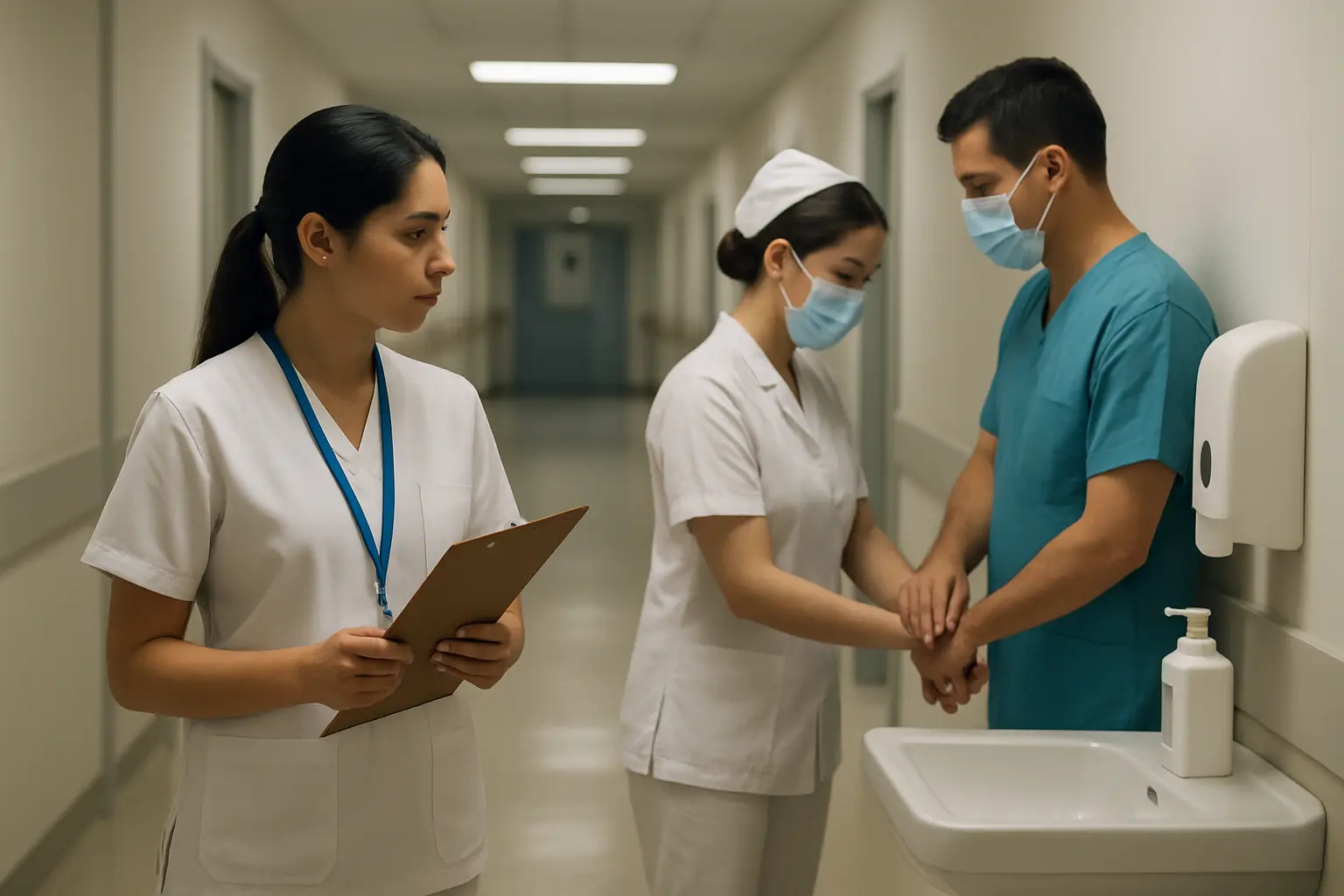 Estudiante de enfermería con tabla de apoyo observa a distancia una estación de higiene de manos en un pasillo hospitalario