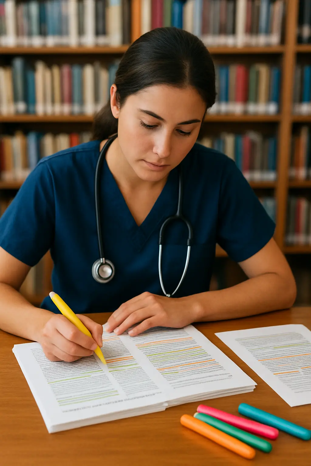 Estudiante de enfermería leyendo artículos científicos impresos con marcadores de colores