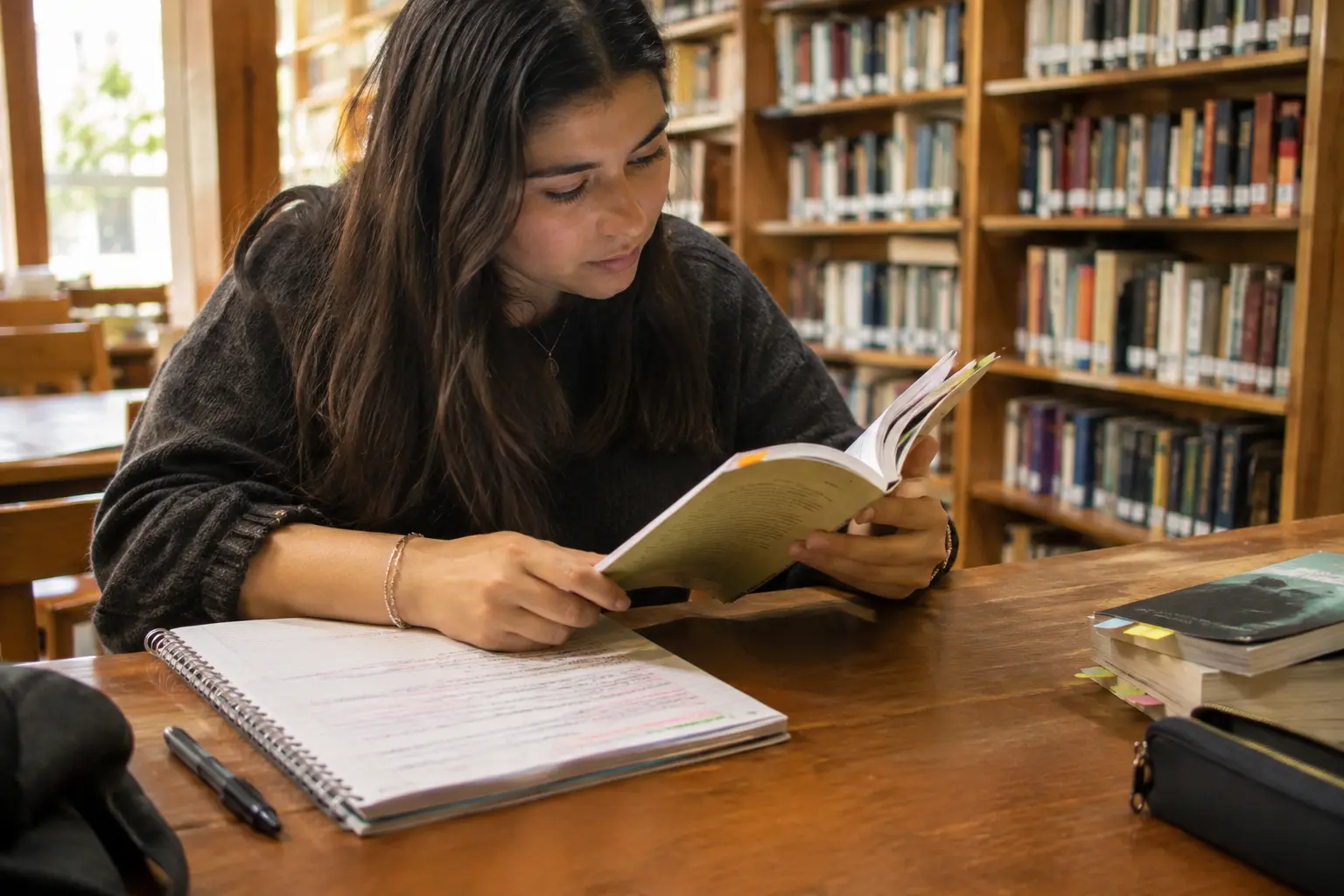 Estudiante de derecho comparando un texto constitucional con sus notas de terminología jurídica