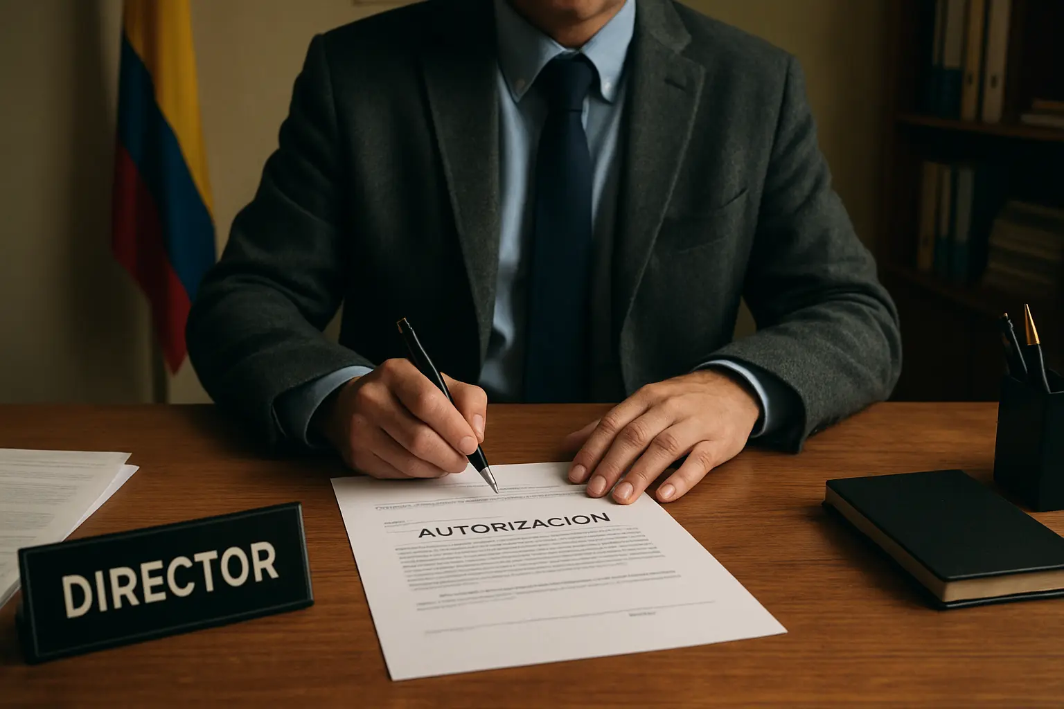 Rector de colegio firmando un documento de autorización institucional en su oficina