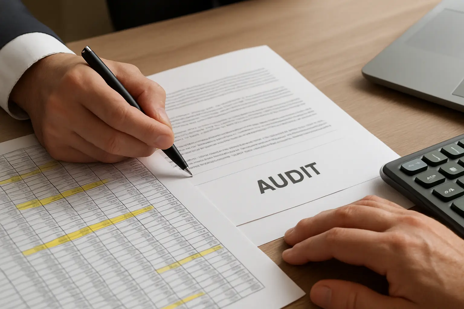 Auditor revisando papeles de trabajo y hojas de cálculo con indicadores financieros resaltados