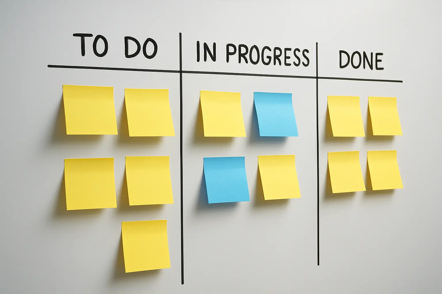Tablero Scrum con tarjetas de tareas organizadas en columnas sobre una mesa de trabajo