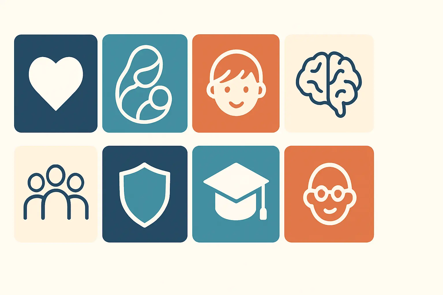 Cuadrícula de diez íconos que representan las áreas de investigación en enfermería: crónicos, materno-perinatal, infancia, salud mental, comunidad, seguridad, educación, hogar, adulto mayor y salud laboral