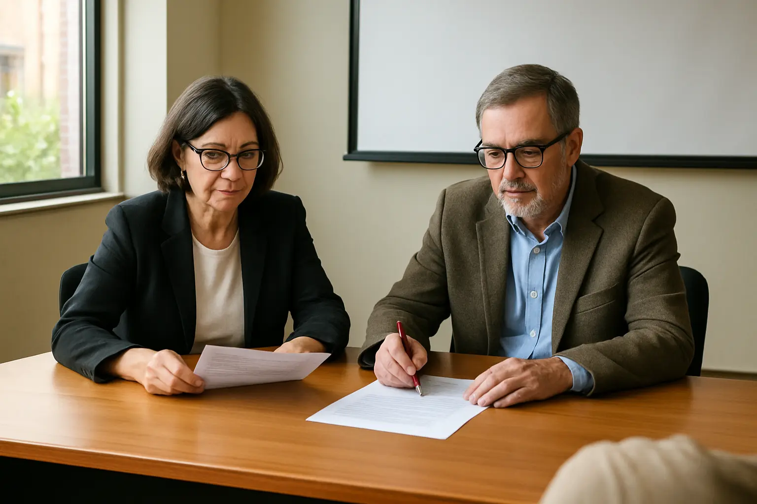 Dos docentes de un comité revisan un anteproyecto impreso mientras el estudiante escucha las observaciones sobre la delimitación