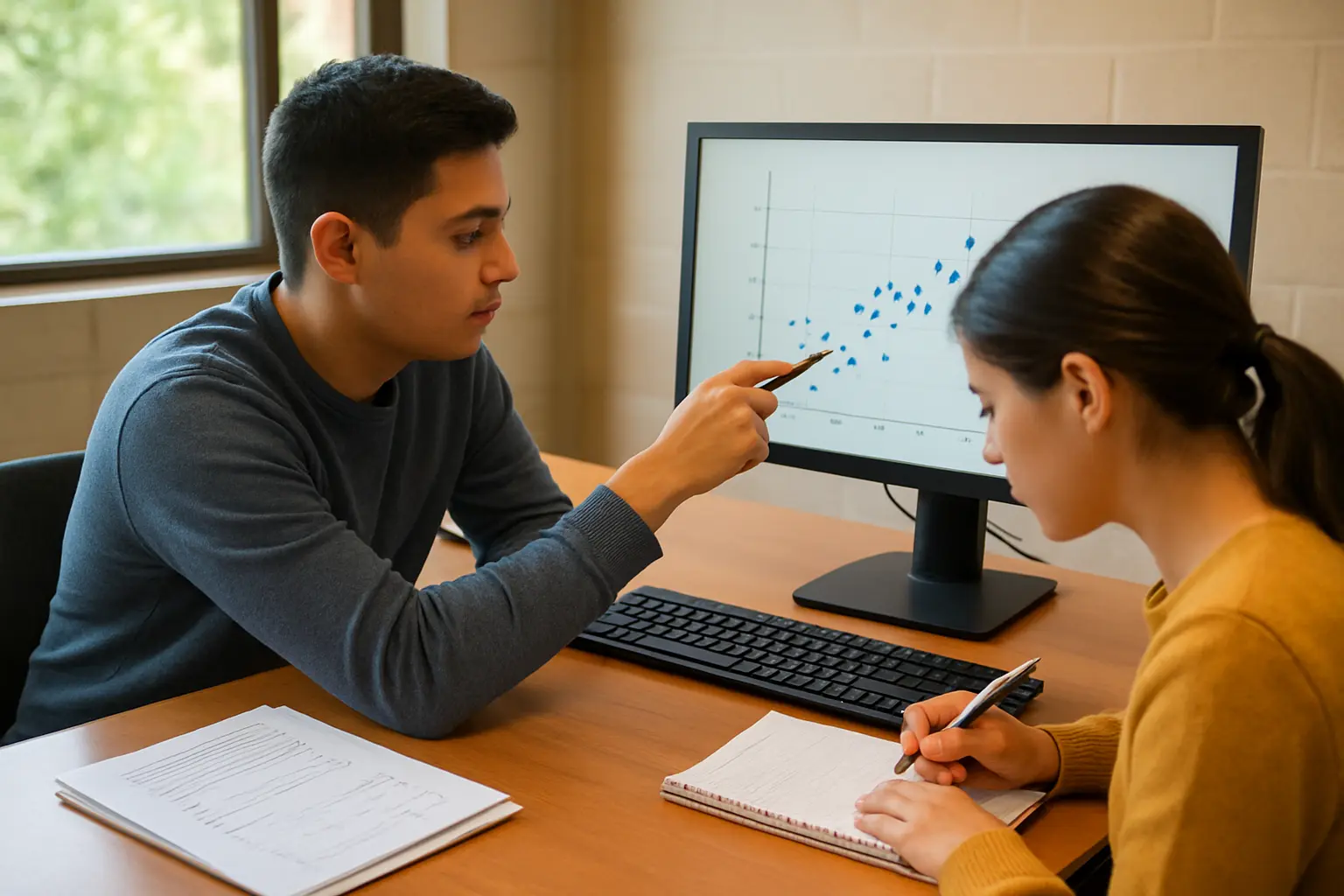 Estudiantes analizan un diagrama de dispersión en un monitor del laboratorio de estadística, con cuestionarios impresos junto al teclado