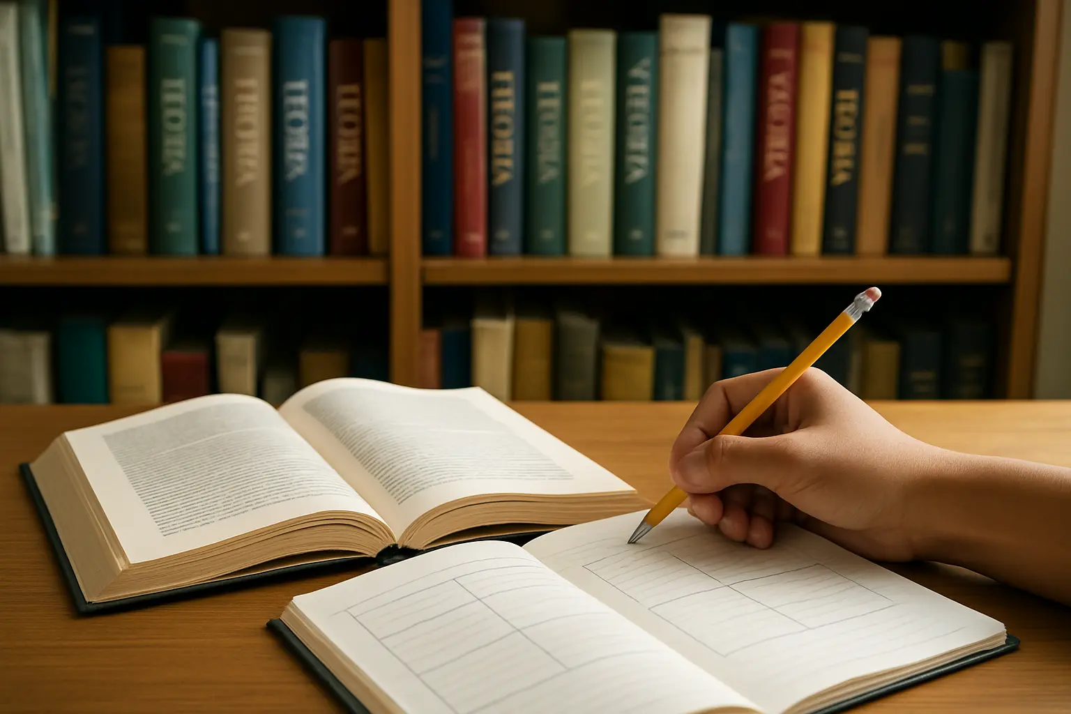 Estudiante marca un pasaje en un libro de teoría junto a un cuaderno con una comparación de dos autores, en una biblioteca universitaria