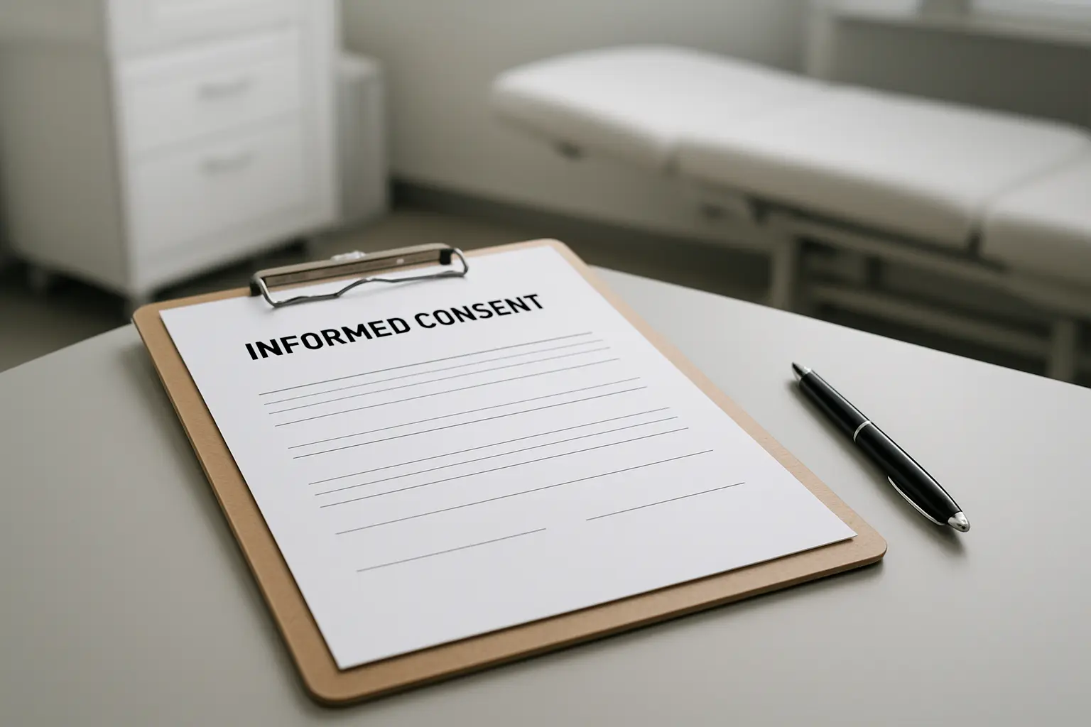 Formulario de consentimiento informado sobre una mesa junto a un bolígrafo en un consultorio