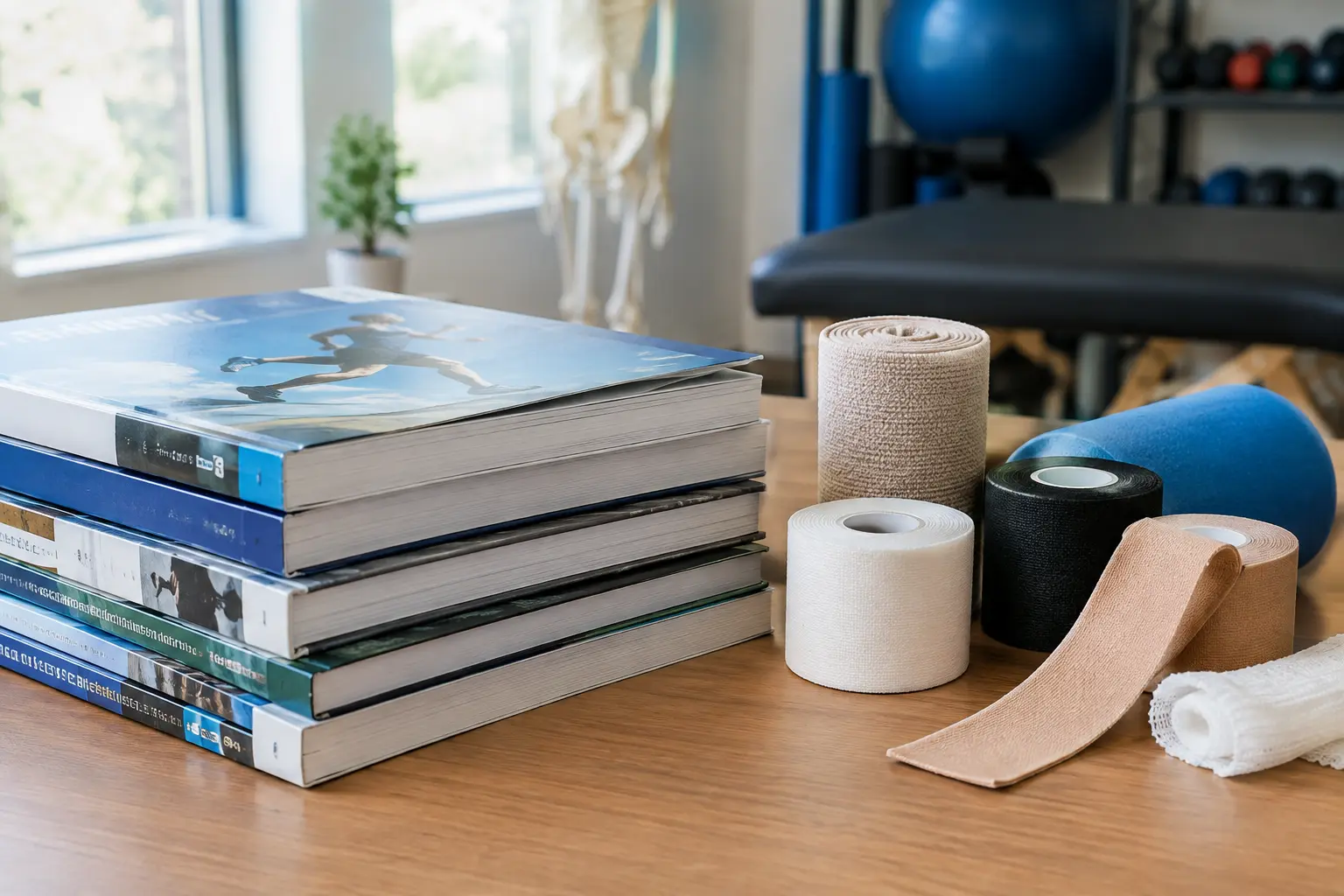 Revistas científicas de medicina del deporte apiladas junto a vendas de rehabilitación deportiva