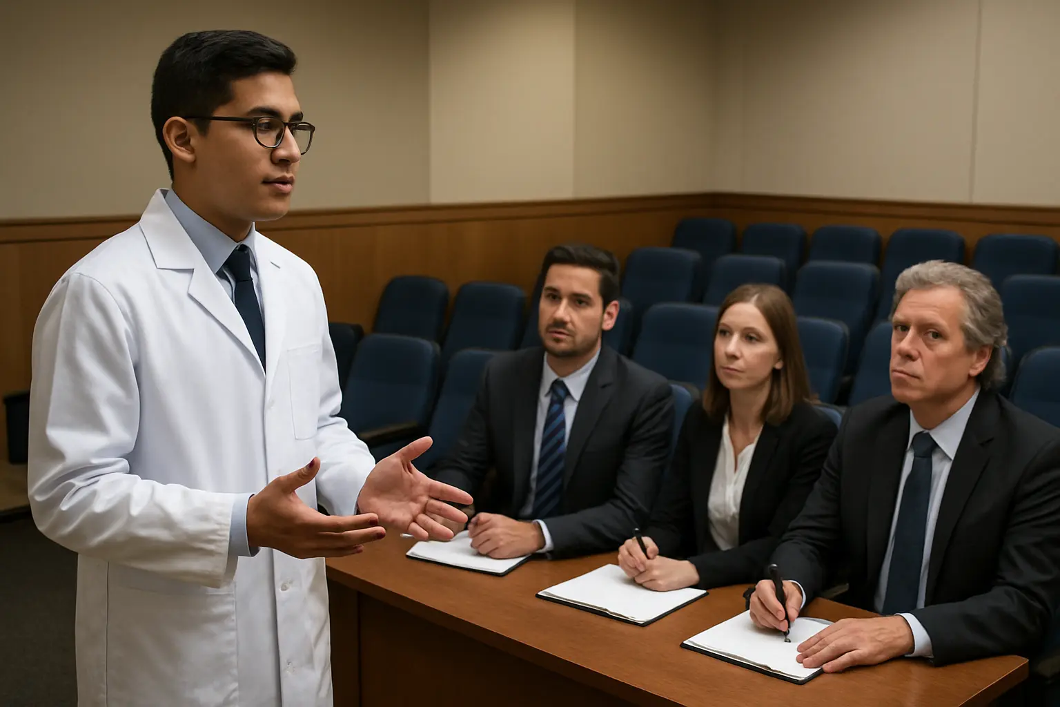 Estudiante de medicina presentando su trabajo de grado ante un jurado en un auditorio universitario