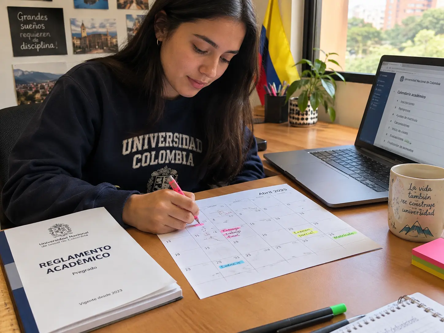 Estudiante marcando plazos de grado en un calendario junto a un reglamento académico impreso