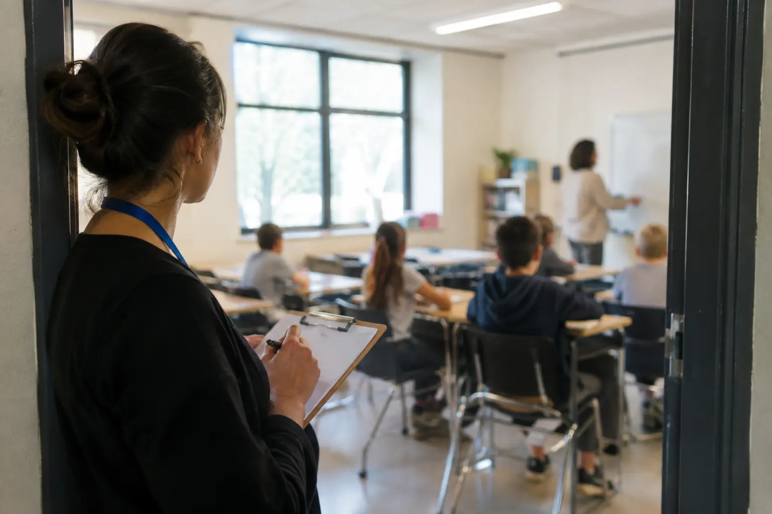 Investigador tomando notas durante una observación de aula