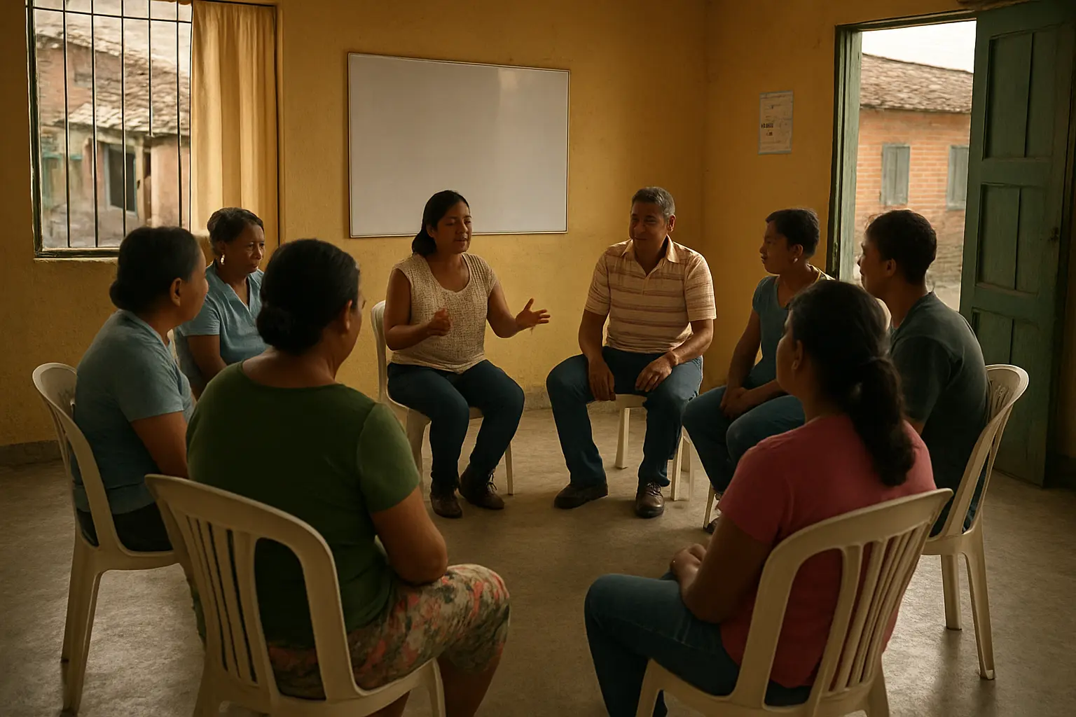 Reunión comunitaria en un salón con varias personas sentadas en círculo conversando