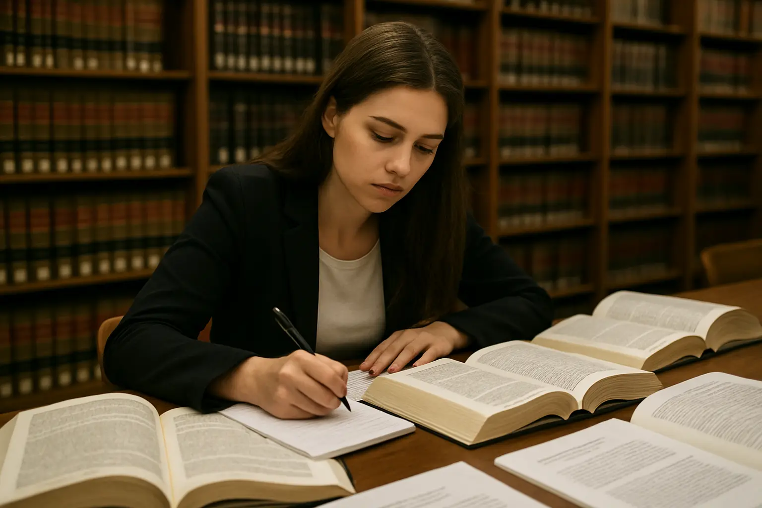 Estudiante de derecho revisando códigos y jurisprudencia impresa sobre un escritorio
