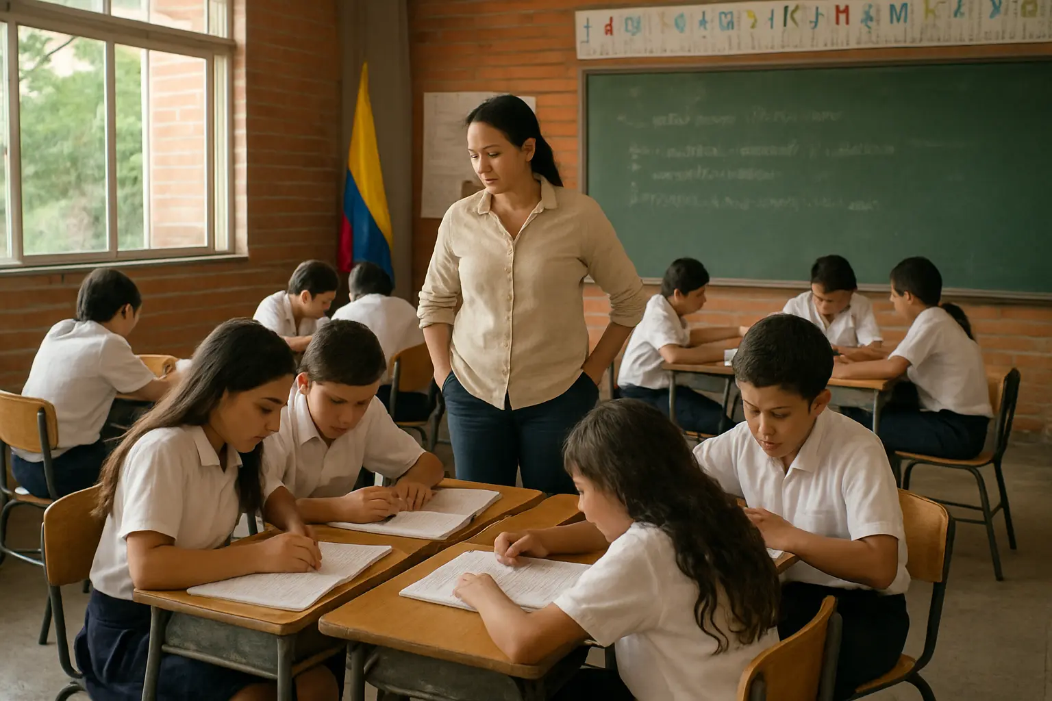 Aula de clase colombiana con estudiantes trabajando en grupo y un docente supervisando