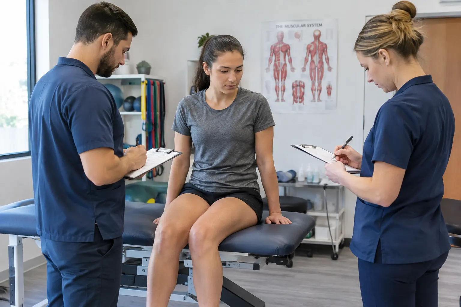 Dos fisioterapeutas registrando mediciones por separado en planillas durante una evaluación