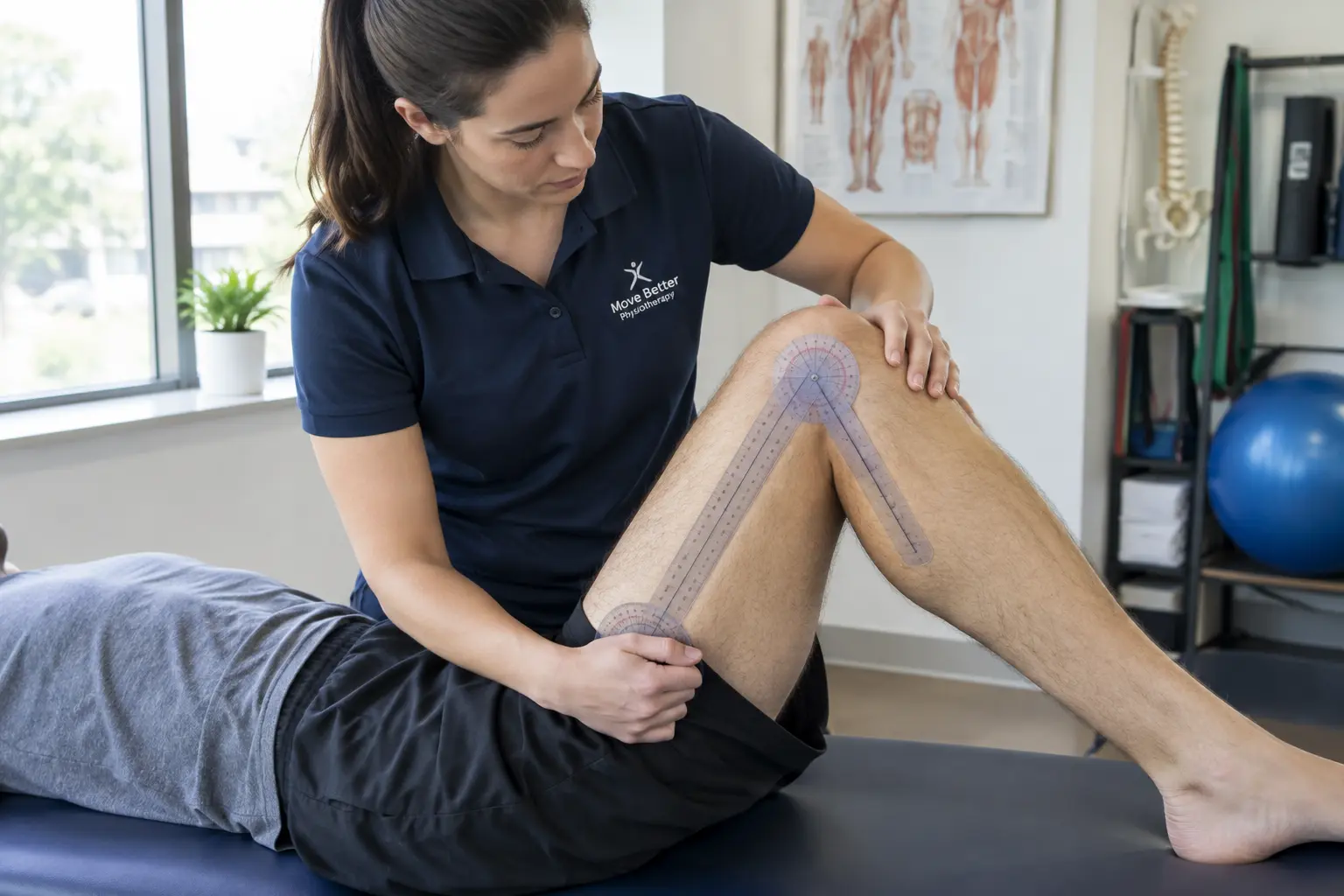 Fisioterapeuta midiendo con goniómetro el rango de movimiento de la rodilla de un paciente