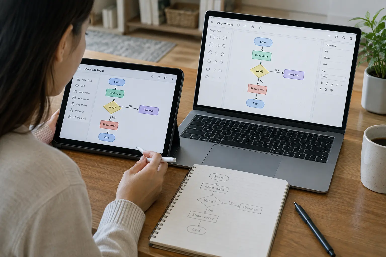 Estudiante comparando herramientas de diagramas en una tableta y un portátil junto a un cuaderno de bocetos