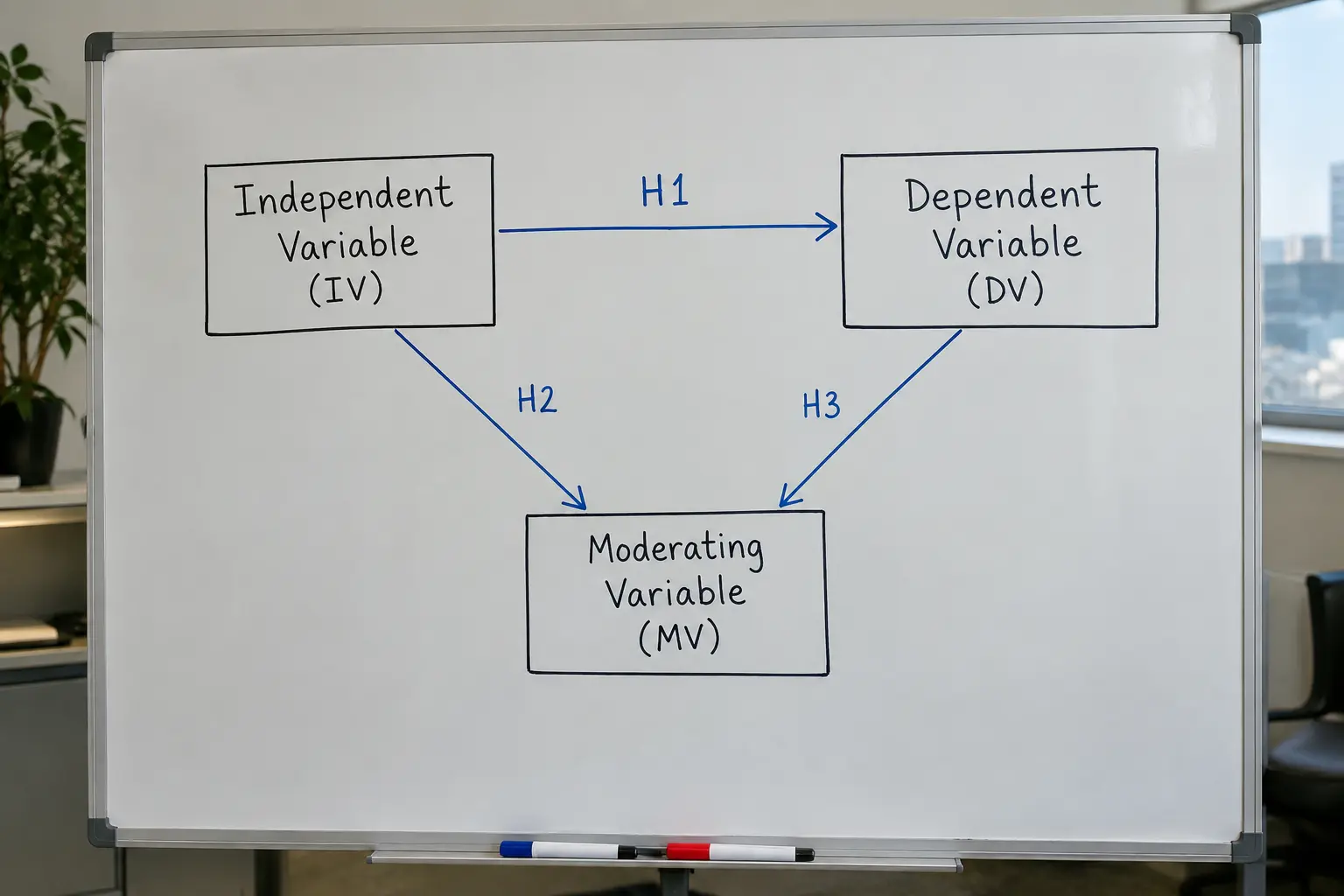 Pizarra con un modelo de investigación de variables conectadas por flechas con hipótesis