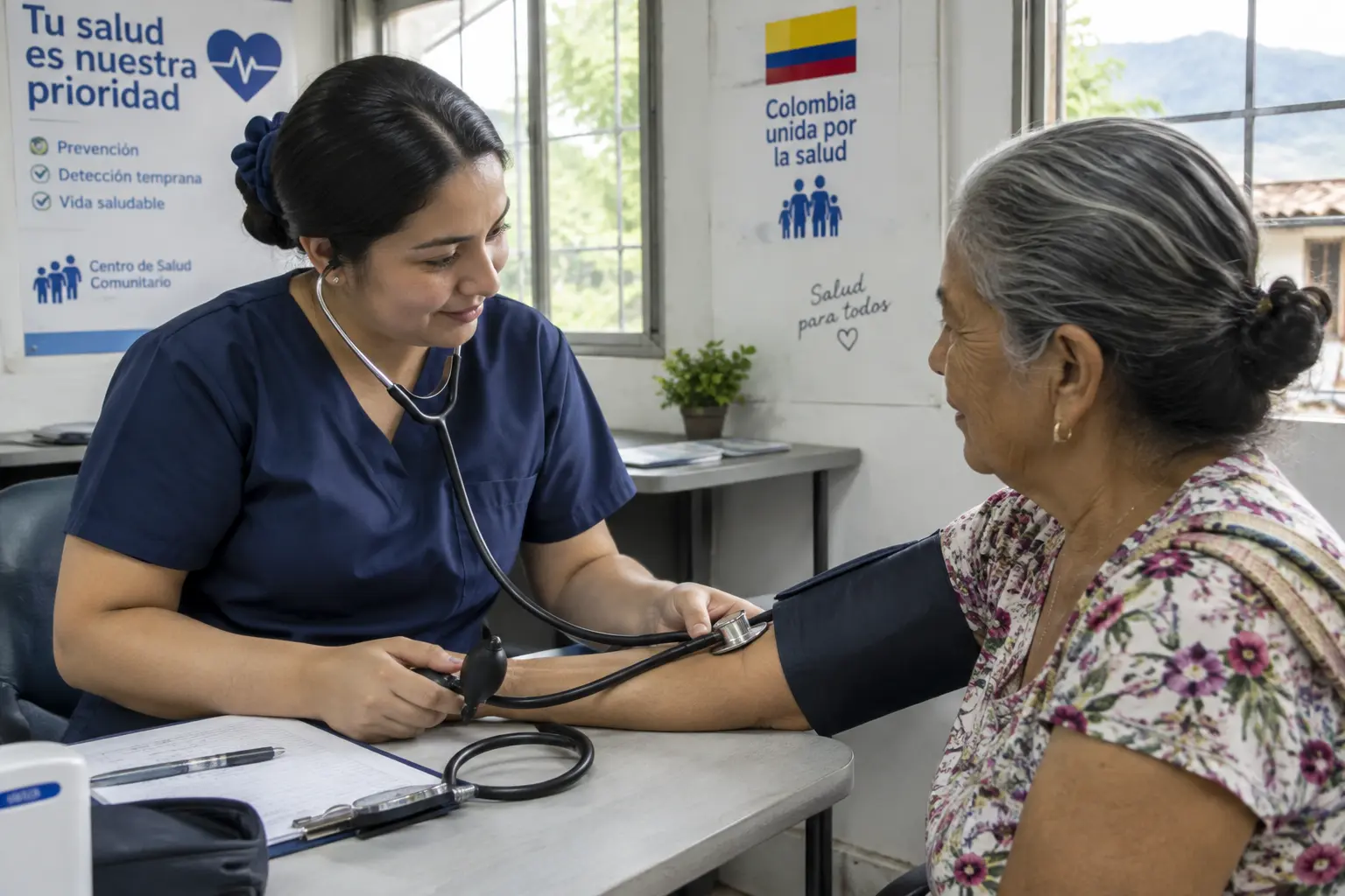Enfermera midiendo la presión arterial de una paciente adulta mayor