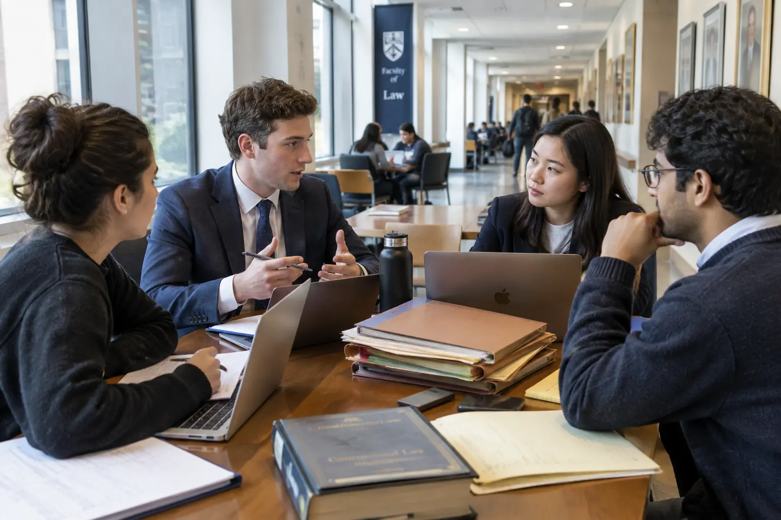 Estudiantes de derecho conversando sobre un caso en una mesa de la facultad