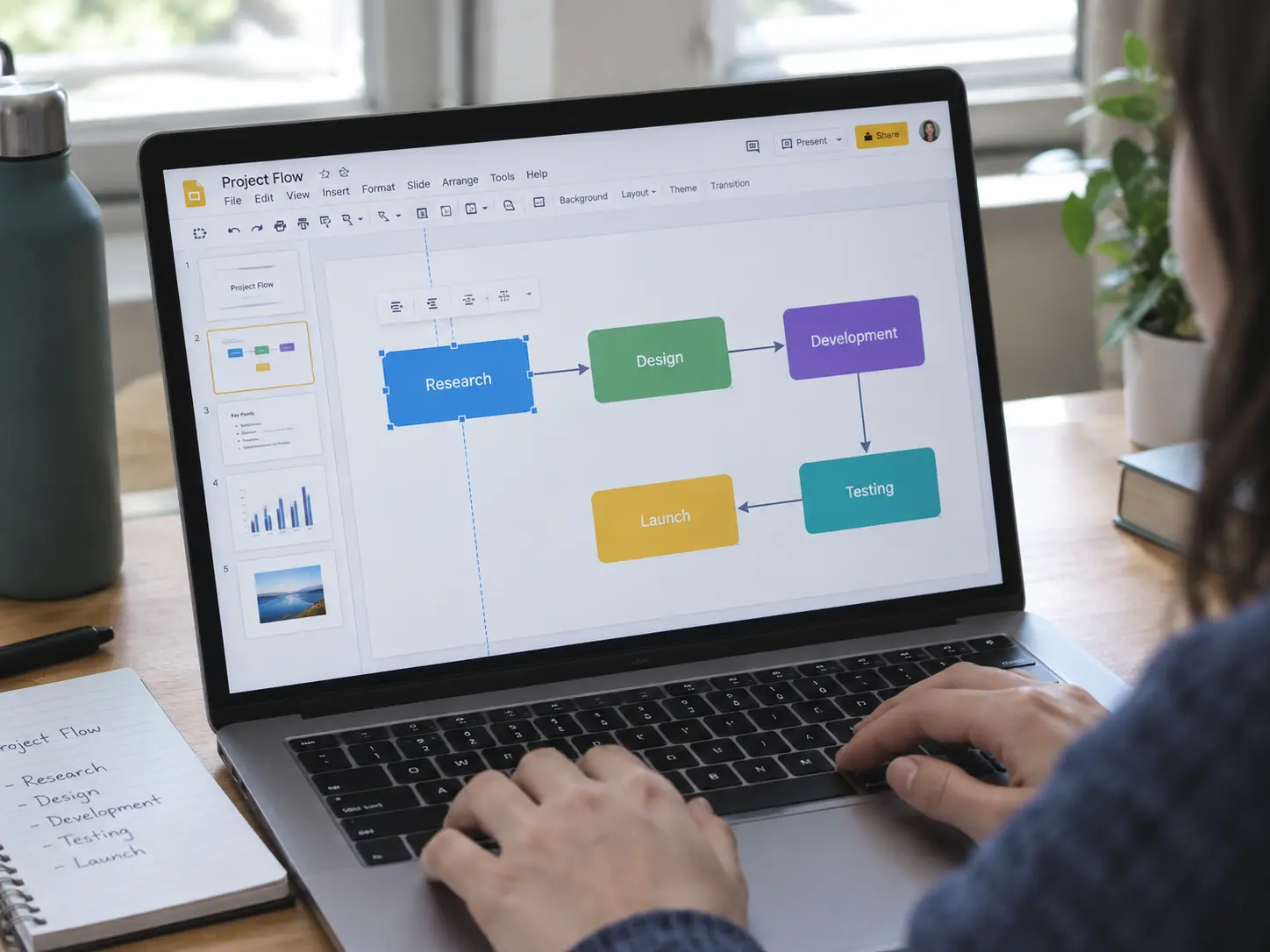 Portátil con un editor de diapositivas mostrando un diagrama de rectángulos y flechas