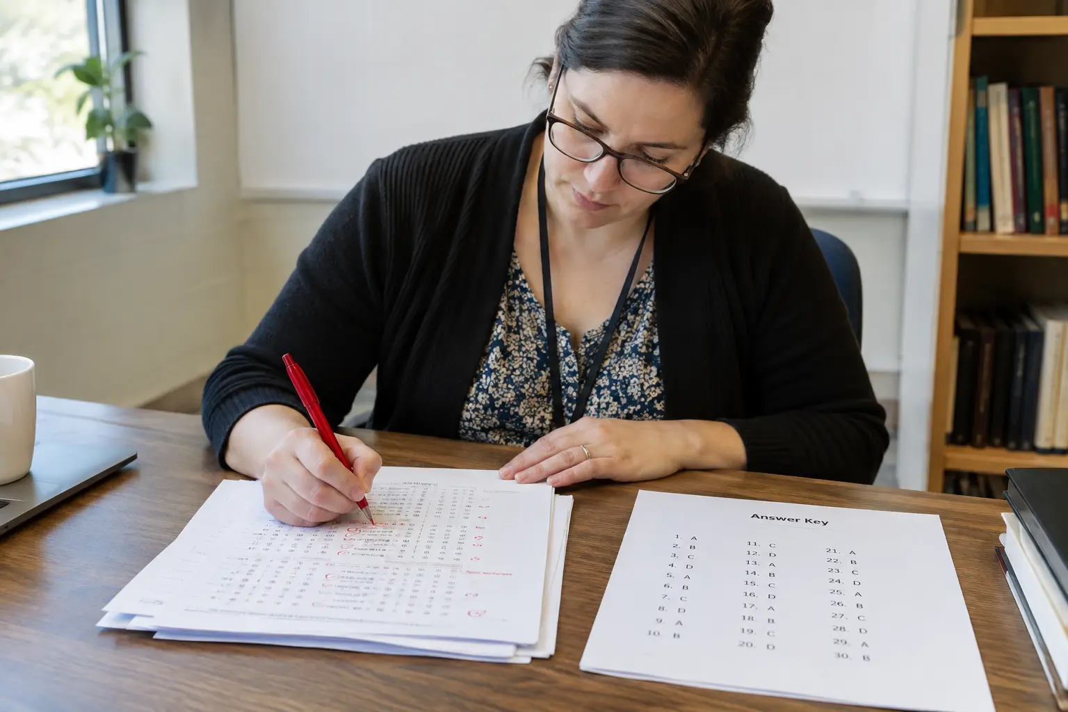 Docente calificando hojas de respuestas con una clave junto a ella