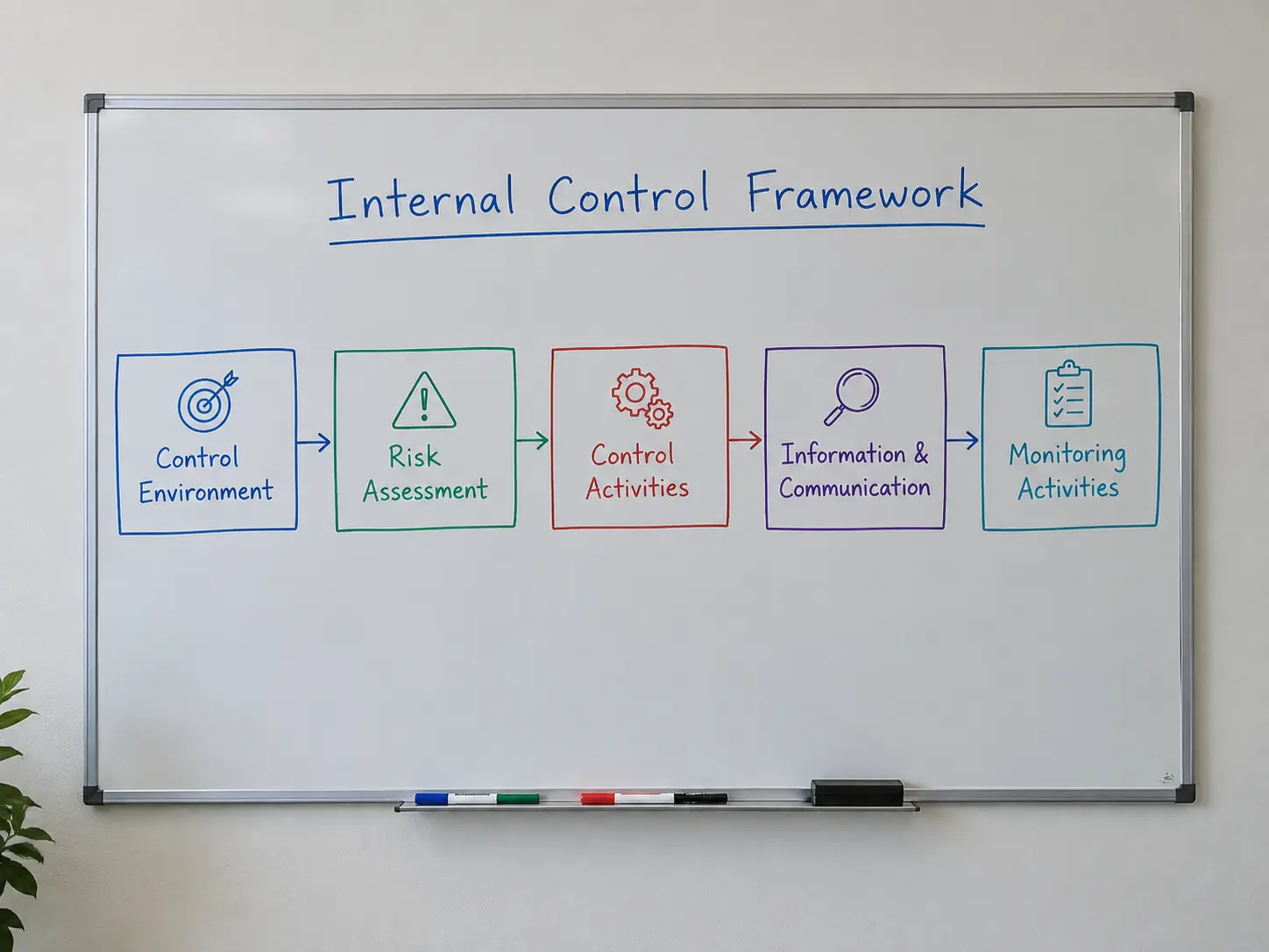 Pizarra con un diagrama de cinco componentes de un sistema de control interno