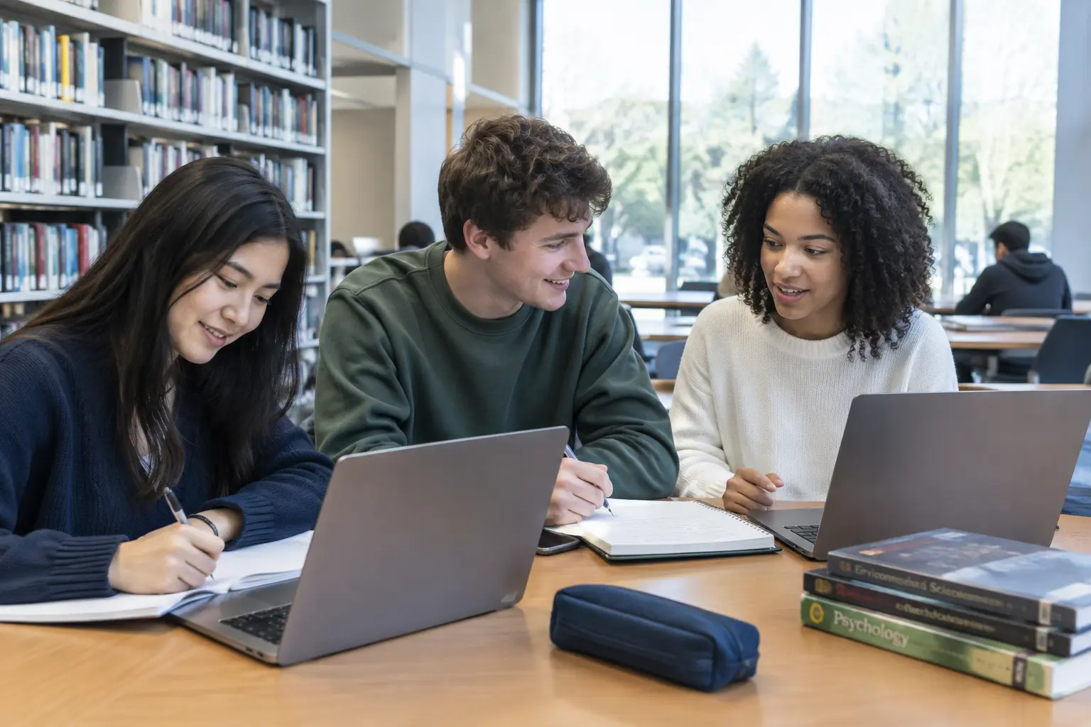 Estudiantes universitarios estudiando juntos en una biblioteca con cuadernos y portátiles