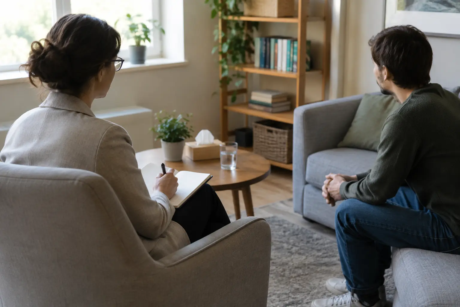 Psicóloga tomando notas durante una conversación con un joven en un consultorio
