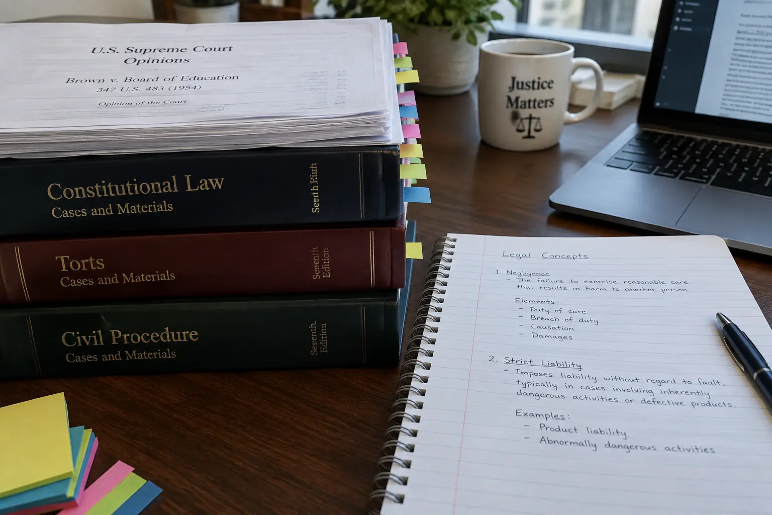 Pila de sentencias y libros de derecho con marcadores junto a un cuaderno de definiciones