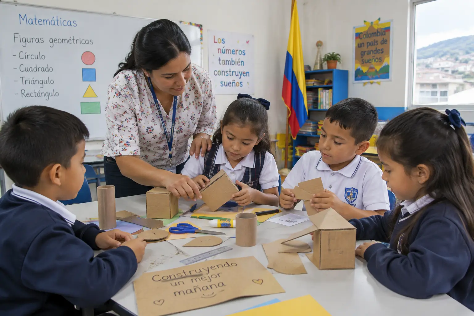 Niños construyendo un proyecto de matemáticas con figuras de cartón guiados por la docente