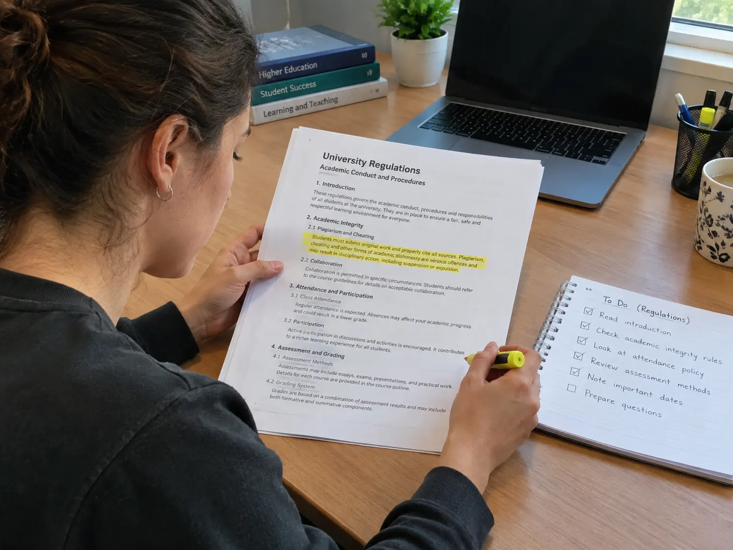 Estudiante leyendo un reglamento universitario impreso con resaltador y una lista de chequeo