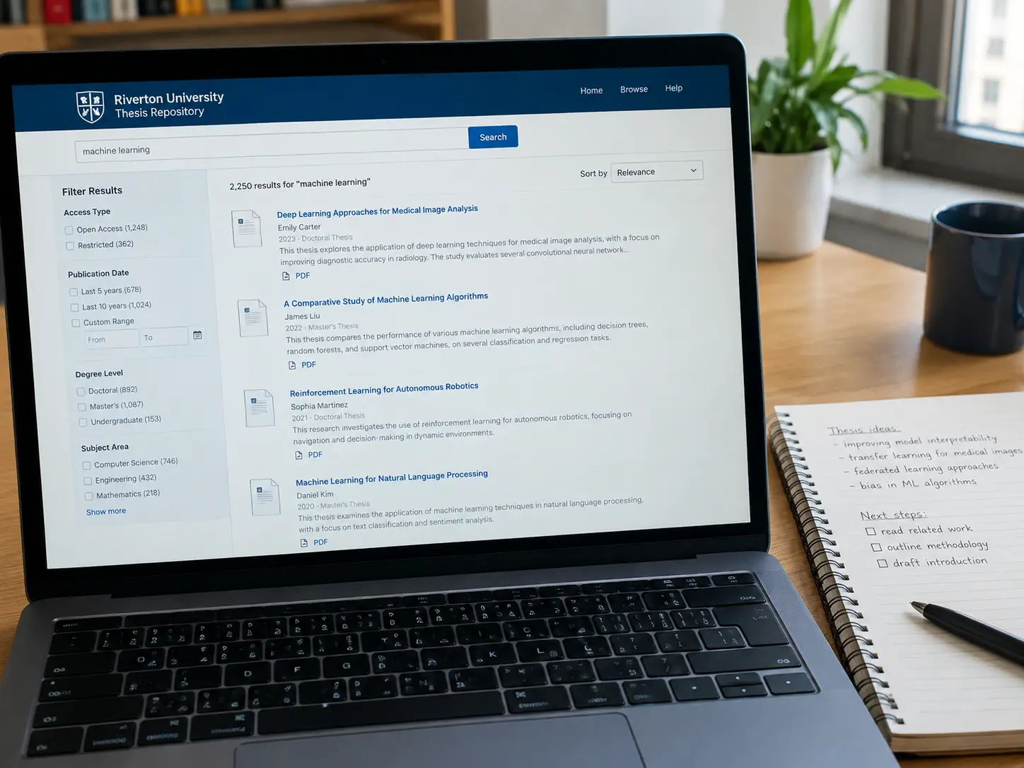 Pantalla con la lista de resultados de un repositorio institucional y un cuaderno con apuntes