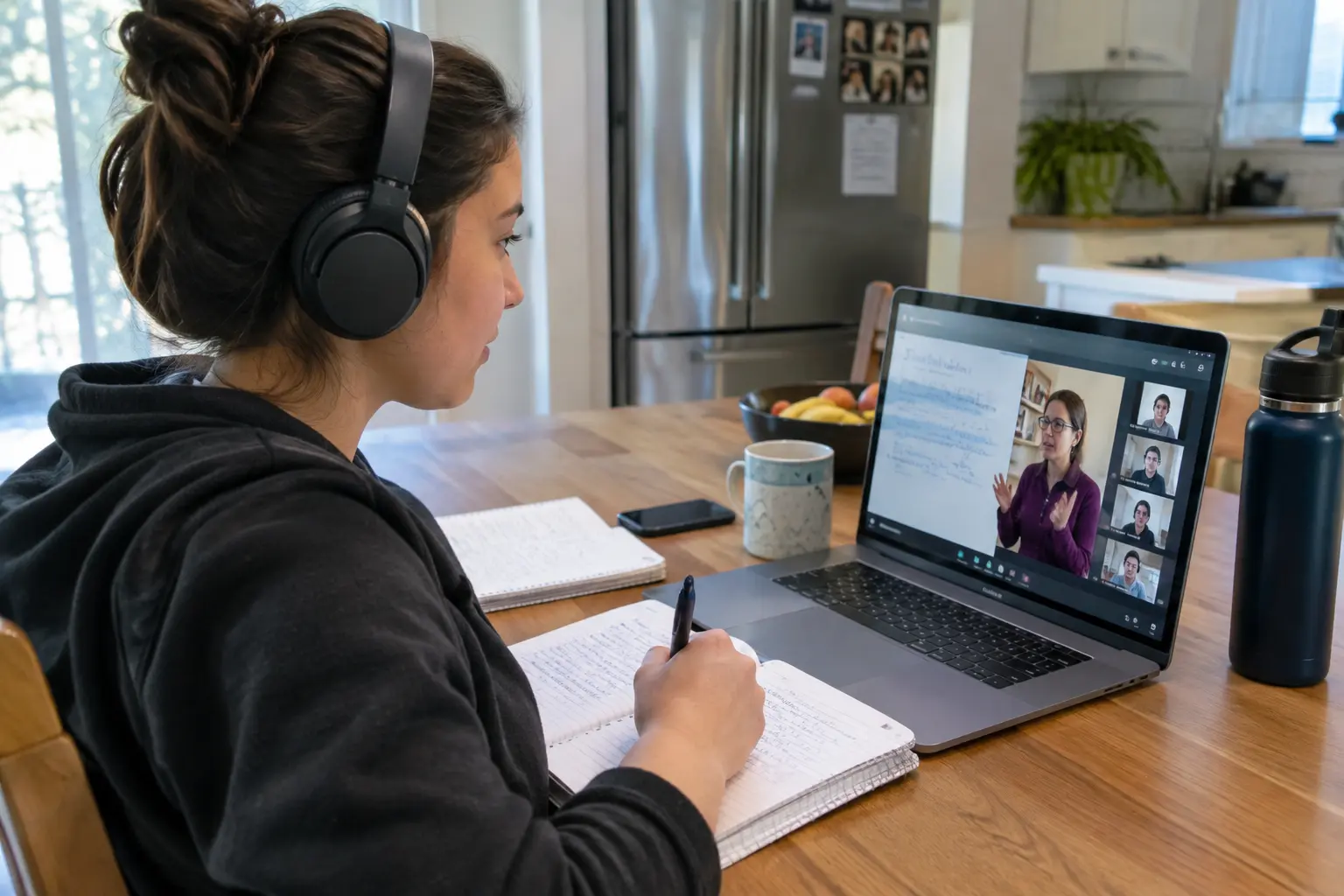 Estudiante participando en una clase virtual desde su casa con portátil y audífonos