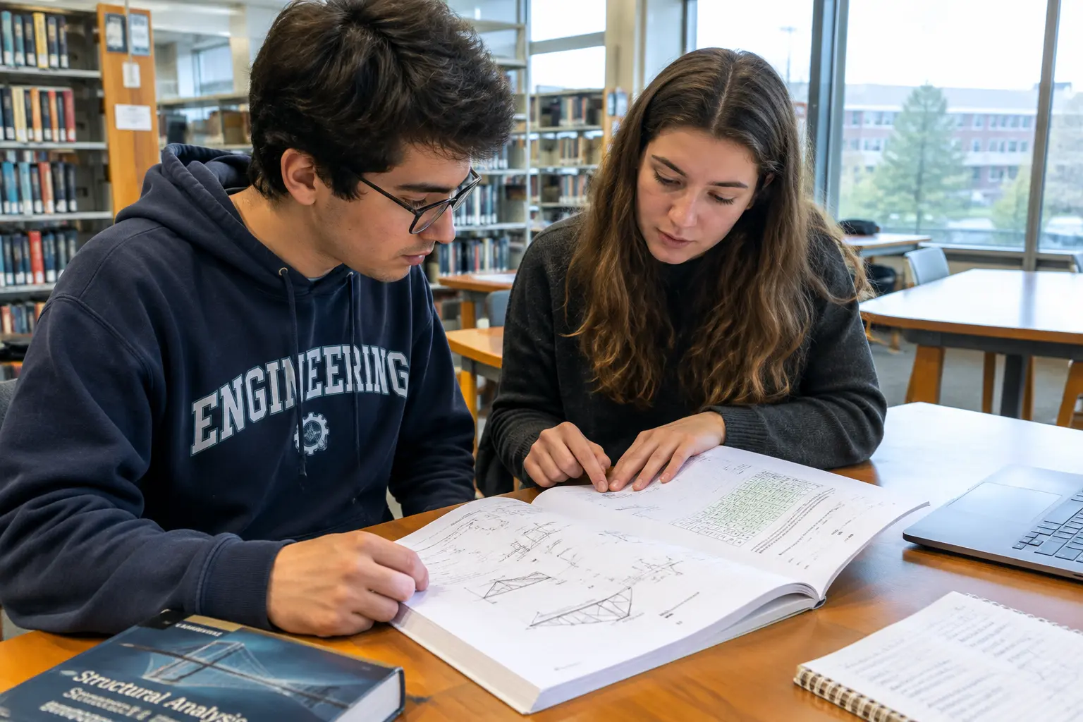 Estudiantes de ingeniería revisando un trabajo de grado impreso con planos y tablas