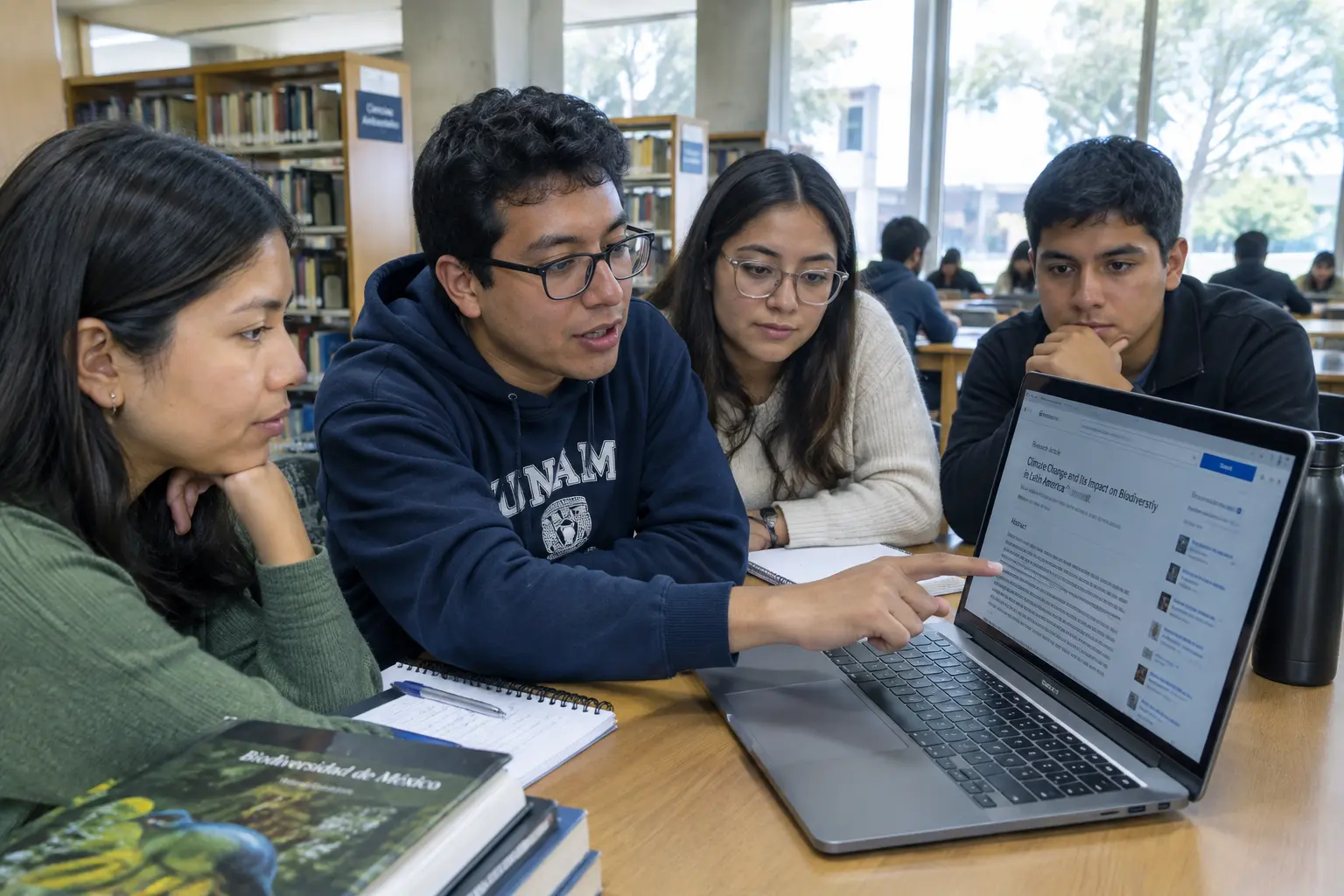 Estudiantes universitarios revisando artículos científicos en una biblioteca