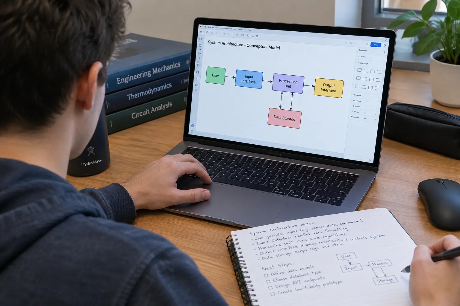 Estudiante de ingeniería dibujando un modelo conceptual con cajas y flechas en un software de diagramas