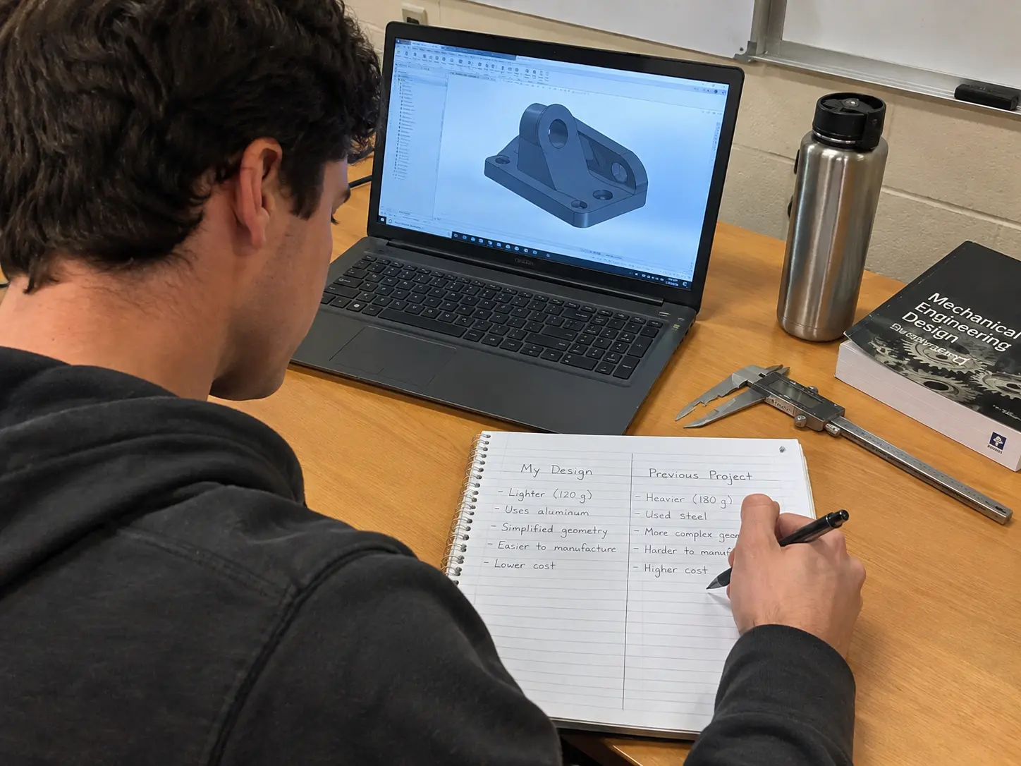 Estudiante de ingeniería escribiendo en un cuaderno la diferencia entre su diseño y el de un trabajo previo