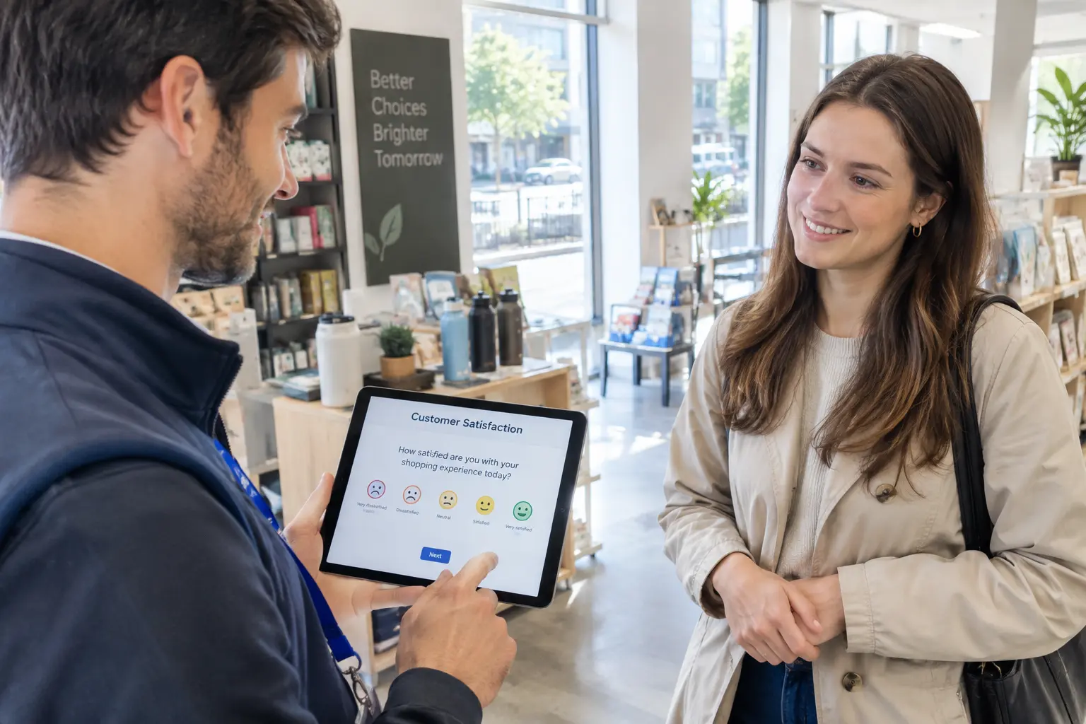 Encuestadora aplicando un cuestionario de satisfacción a una cliente en un establecimiento