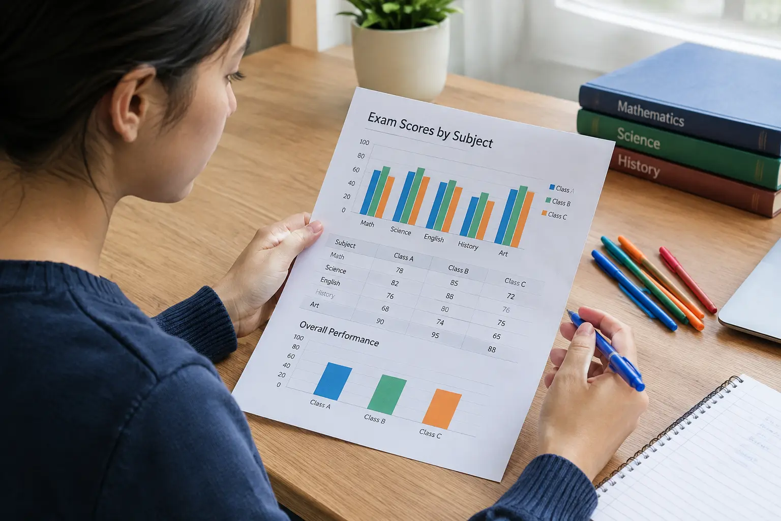 Estudiante revisando un informe impreso con gráficos de barras de puntajes por módulo